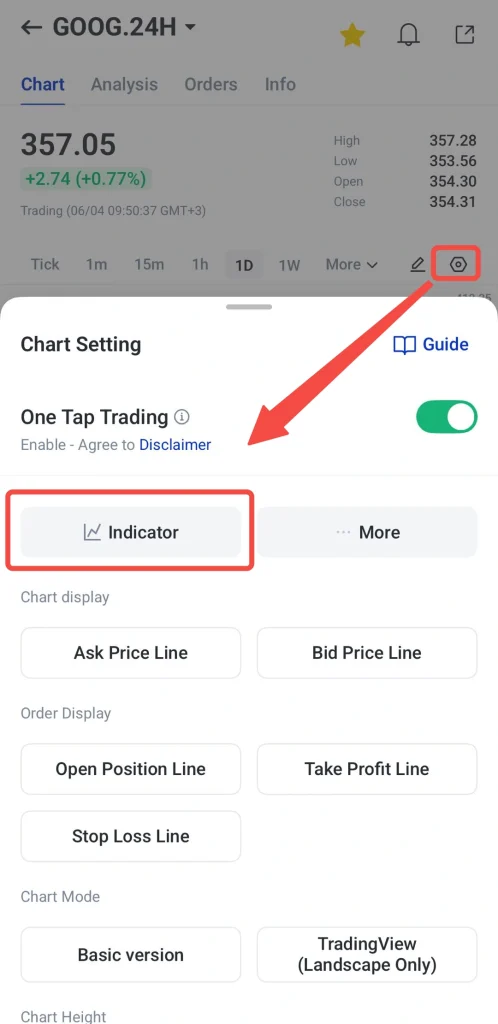 image 17 VT Markets Chart settings modal open showing One Tap Trading toggle and an highlighted Indicator button for adding indicators on a trading app screen