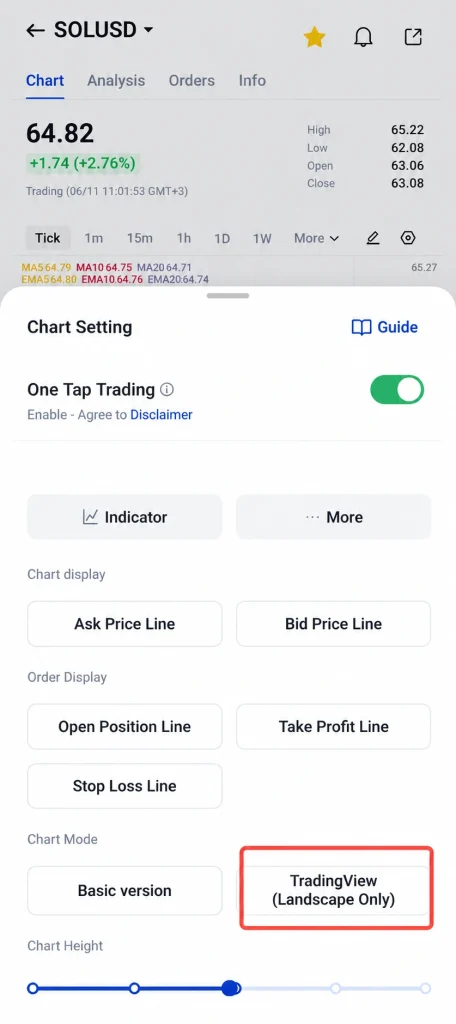 image 17 VT Markets Screenshot of a mobile trading app showing SOLUSD chart with current price 6482 and a Chart Settings panel overlaying the screen including One Tap Trading toggle and various options like Indicator and Take Profit lines
