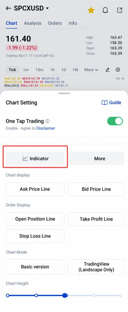 image 18 VT Markets Chart Settings panel in a trading app Indicator option is highlighted with other tools like More AskBidTake ProfitStop Loss lines and a Chart Height slider visible