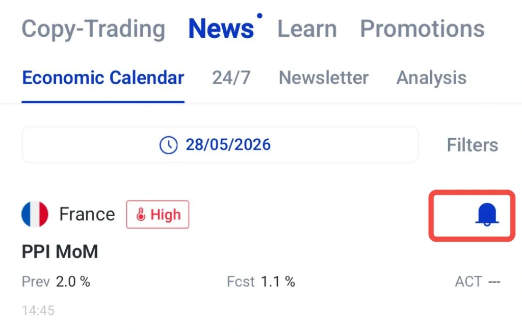 image 19 VT Markets France economic calendar entry with a High risk badge and PPI MoM Prev 20 and Forecast 11 dated 28052026 alert bell highlighted on the right