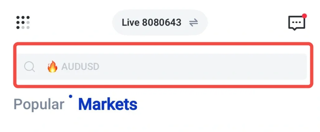 image 2 VT Markets Highlighted search field for AUDUSD with a magnifying glass icon and fire emoji outlined in red