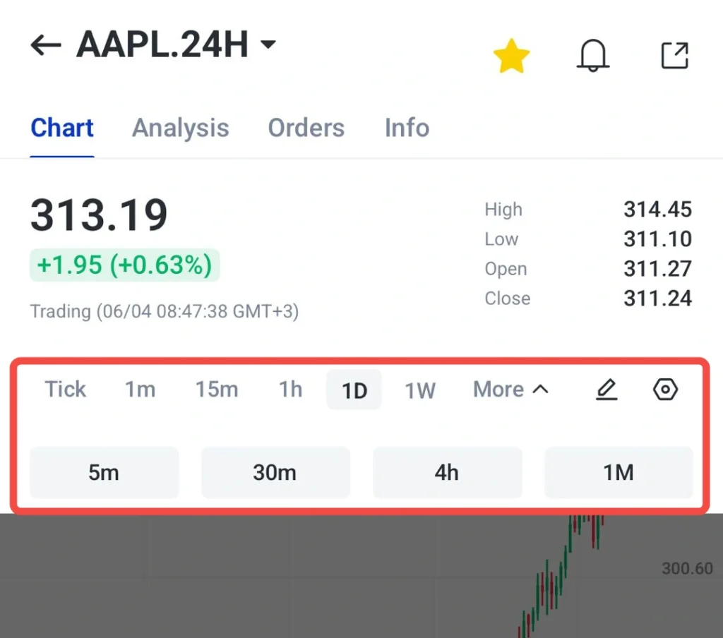 image 2 VT Markets AAPL stock chart app showing price 31319 with a green gain +195 +063 trading time and a selected 1D timeframe below are quick timeframe options 5m 30m 4h 1M inside a red highlighted panel