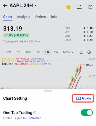 image 20 VT Markets Mobile trading app screen showing AAPL 1D chart with price 31319 +195 +063 chart area and indicators a Chart Setting panel is open with the Guide button highlighted and One Tap Trading is toggled on