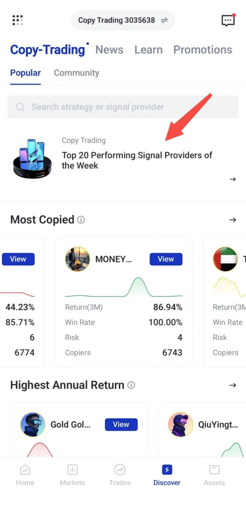 image VT Markets Copy Trading Discover screen showing a feature card titled Top 20 Performing Signal Providers of the Week with a small icon on the left and a right arrow indicator plus a search bar above and bottom navigation visible