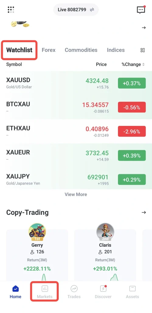 image VT Markets Mobile trading app screen with Markets tab active and a Watchlist showing price rows for Gold and currency pairs plus bottom navigation icons