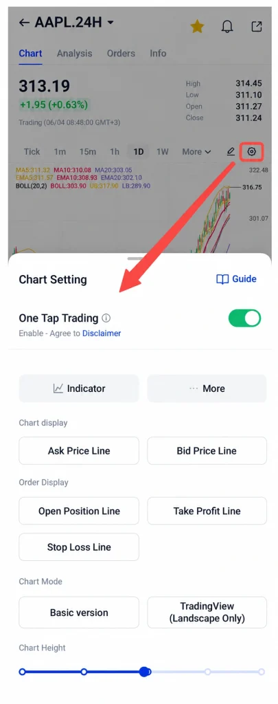 image 5 VT Markets Mobile trading app chart screen AAPL24H with price 31319 green change and a bottom Chart Setting panel open One Tap Trading is enabled showing options like Indicator AskBid Price Line Open Position Line Take Profit Line Stop Loss Line and Chart Height controls