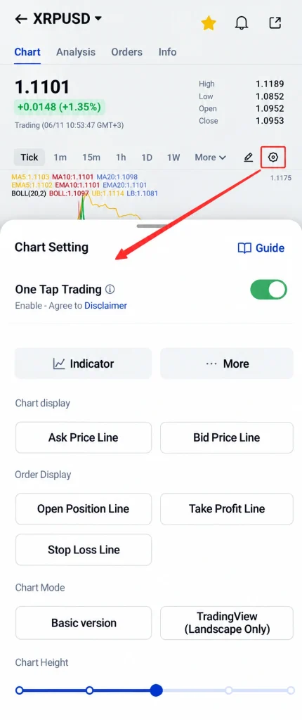 image 5 VT Markets Trading app chart screen showing XRPUSD with the Chart tab selected and price 11101 plus a settings panel open titled Chart Setting with One Tap Trading toggle on