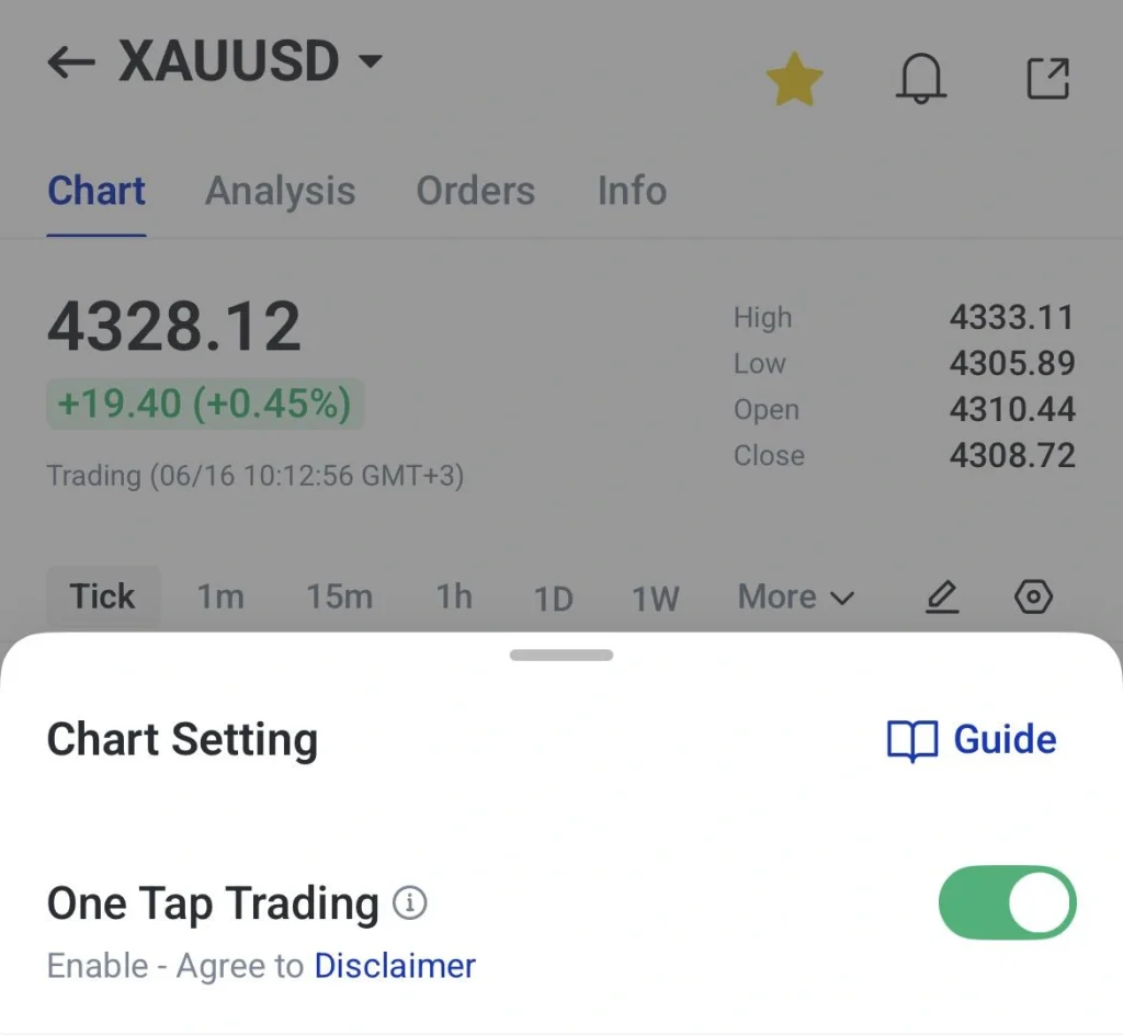 image 6 VT Markets Mobile trading app chart for XAUUSD showing price 432812 with +1940 +045 and a bottom sheet titled Chart Setting with One Tap Trading toggle on