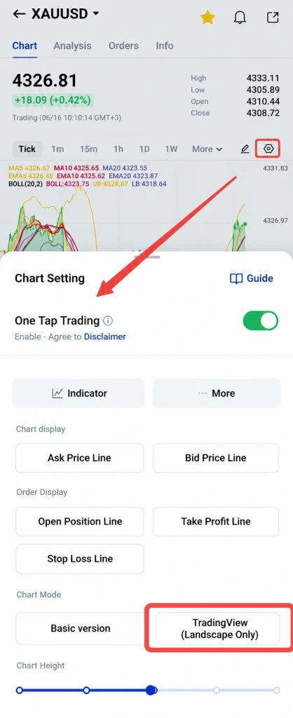 image 8 VT Markets Screenshot of a mobile trading app showing the Chart Settings panel with One Tap Trading enabled and TradingView Landscape Only option visible