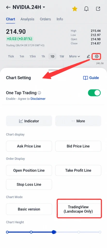 image 9 VT Markets Chart Settings panel open in a mobile trading app showing One Tap Trading toggle and line indicators Open Position Take Profit Stop Loss and TradingView Landscape mode option selected