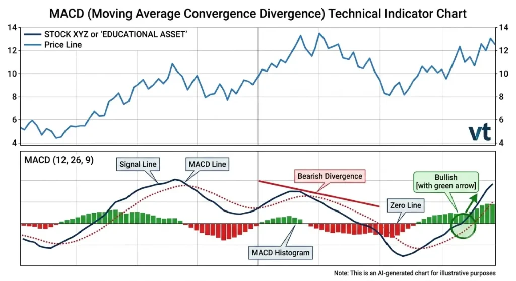 MACD technical indicator chart with price line, MACD line, signal line, and histogram; notes show bullish/bearish signals at right side.