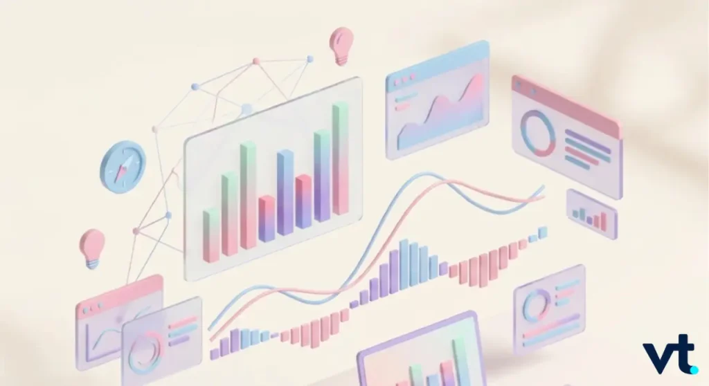 Abstract pastel illustration of multiple floating dashboards with colorful bar charts and line graphs, symbolizing data analytics.