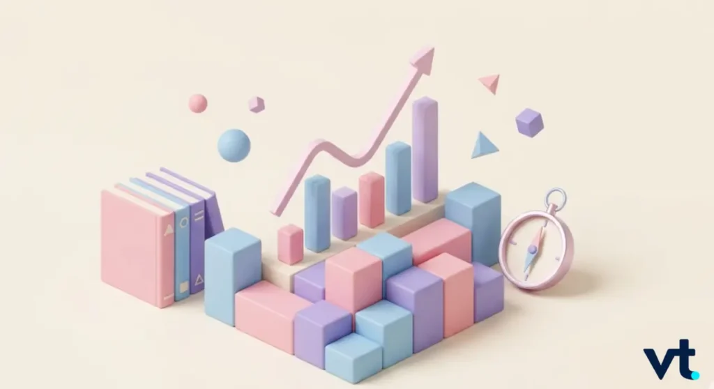 - VT Markets Pastel 3D blocks form a bar chart with a rising arrow, plus a stopwatch and books, implying learning analytics or data growth in education.