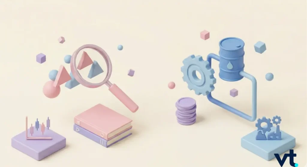 - VT Markets Pastel 3D illustration of a magnifying glass examining geometric shapes, with books and a data-processing gear setup nearby.