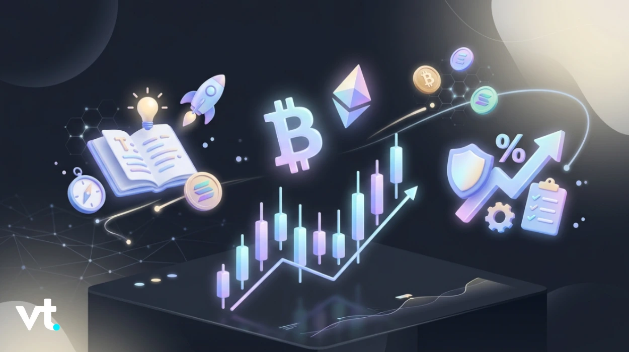 Colorful crypto icons (Bitcoin, Ethereum) with a glowing candlestick chart and upward arrow on a dark background, symbolizing market growth.