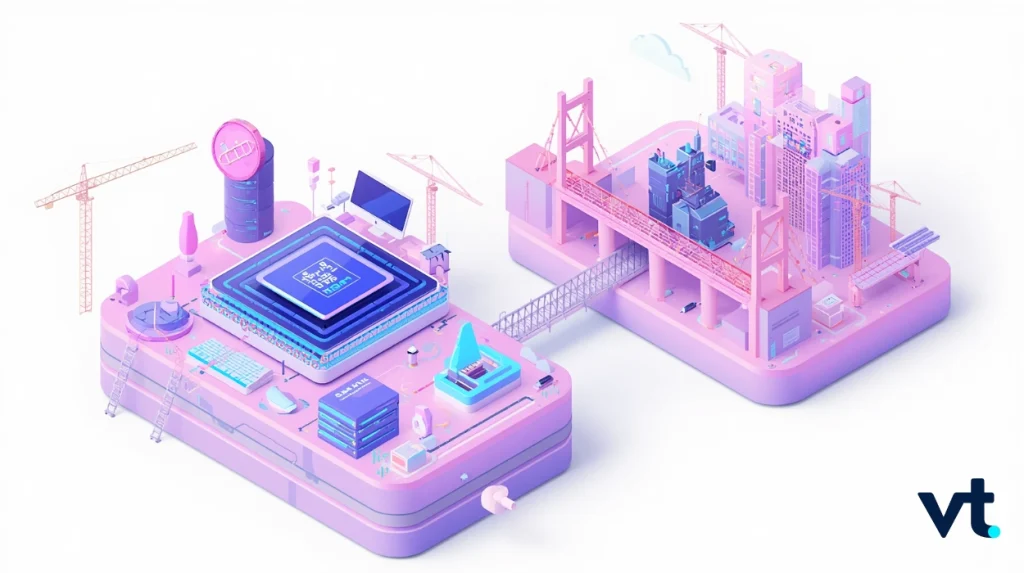 SemiconductorAIProof - VT Markets Isometric pastel illustration of a high-tech data center on a platform connected to a city under construction, with cranes and pink-blue tones (VT logo in corner).