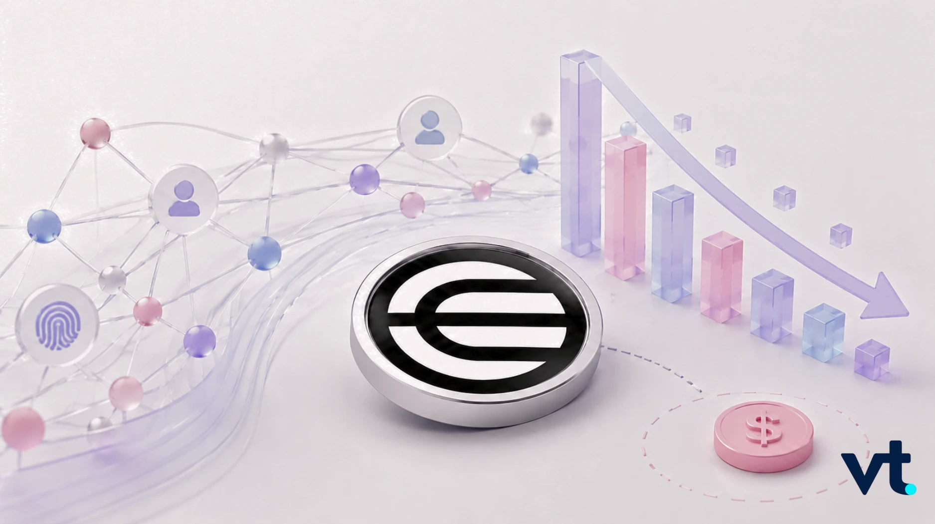 Abstract fintech illustration: connected nodes, a fingerprint icon, a euro-like coin, and a downward trend chart.