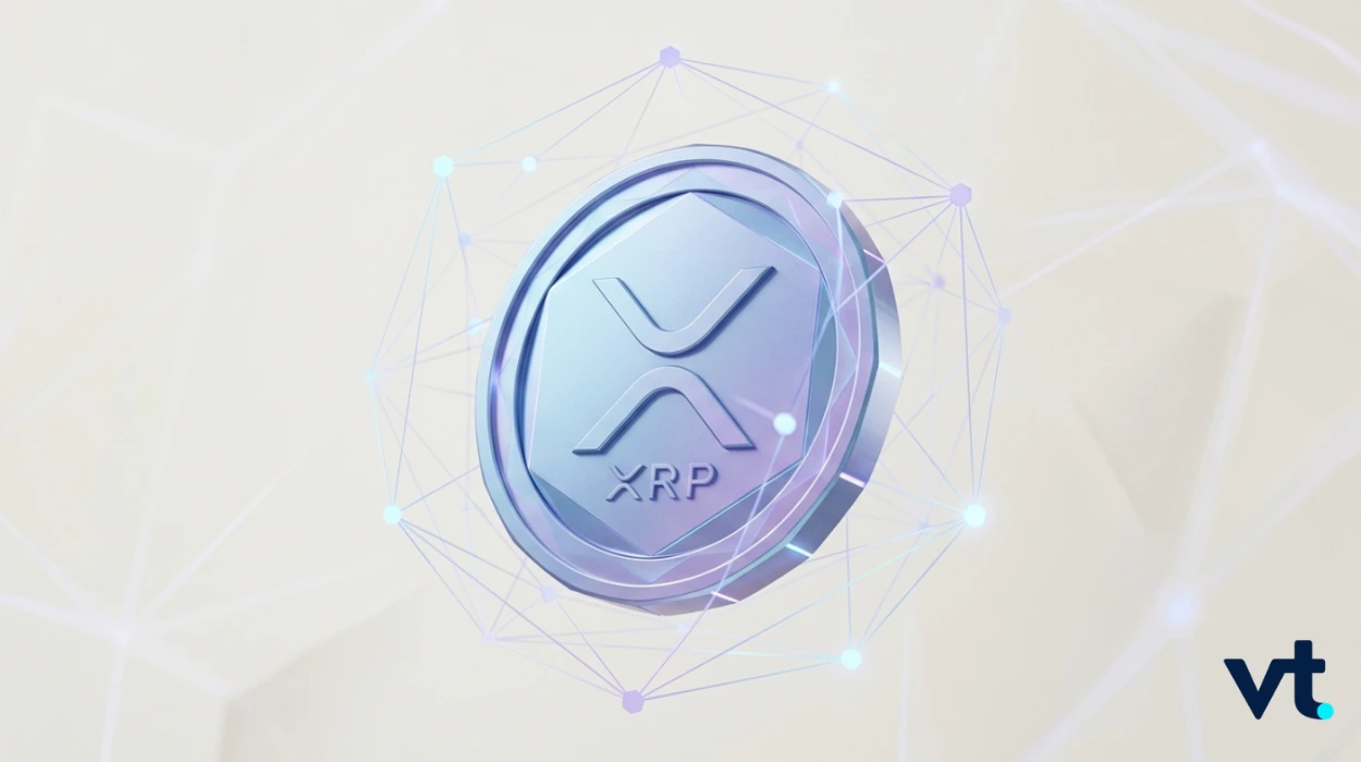Shiny XRP cryptocurrency coin surrounded by a glowing geometric network of lines and nodes, VT logo bottom-right.