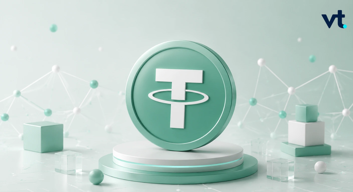 Teal 3D token with a white T and orbit ring on a circular pedestal against a mint-green, techy background.
