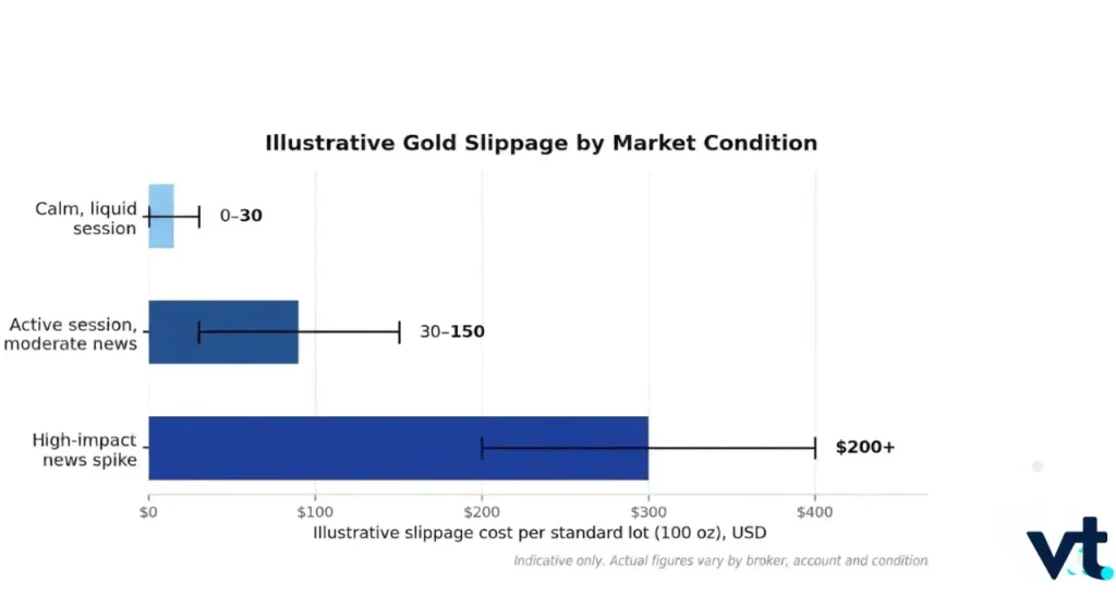 Illustration of gold slippage by market condition: calm session up to , active session up to 0, high-impact news spike up to 0+ with ranges shown as bars.