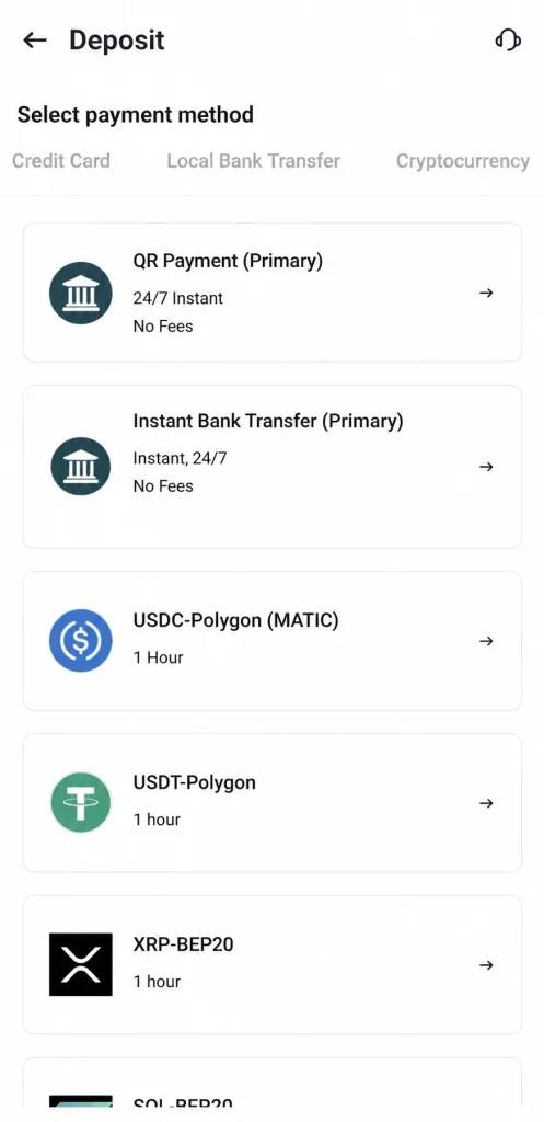 image 1 VT Markets Screen listing deposit methods QR Payment Primary 247 instant no fees Instant Bank Transfer Primary instant 247 no fees USDC Polygon MATIC 1 hour USDT Polygon 1 hour XRP BEP20 1 hour scroll for more options