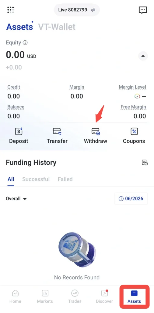 image 1 VT Markets Screenshot of a finance apps Assets screen with Withdraw option highlighted in the bottom navigation bar indicating the withdrawal feature