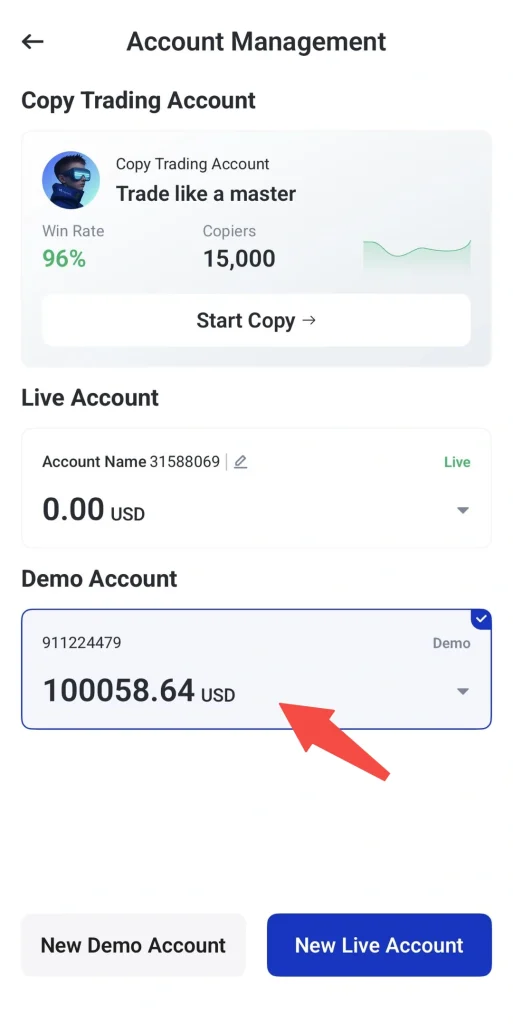 image 1 VT Markets Account Management screen with Copy Trading Account panel showing a 96 win rate 15000 copiers and a Start Copy button Live and Demo accounts listed below with balances