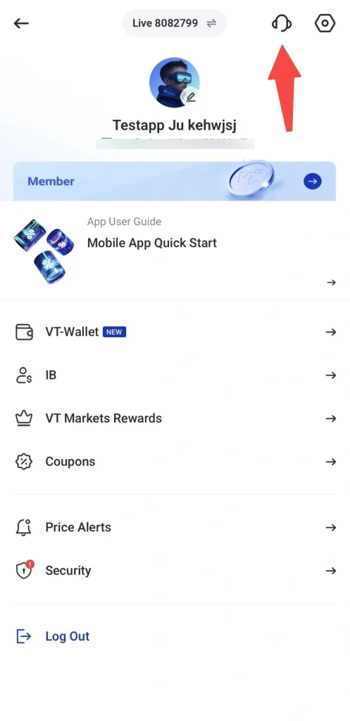 image 1 VT Markets Profile screen with user avatar and ID Live 8082799 plus menu items VT Wallet NEW IB VT Markets Rewards Coupons Price Alerts Security and Log Out