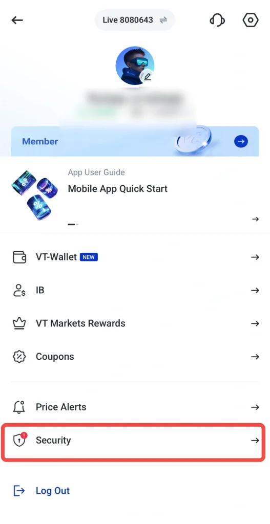 image 1 VT Markets Mobile app side menu with Security option highlighted in a red outline shows shield icon and list items like VT Wallet IB VT Markets Rewards Coupons Price Alerts and Log Out