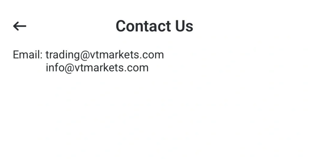 image 10 VT Markets Contact Us header with back arrow and two email addresses tradingvtmarketscom and infovtmarketscom