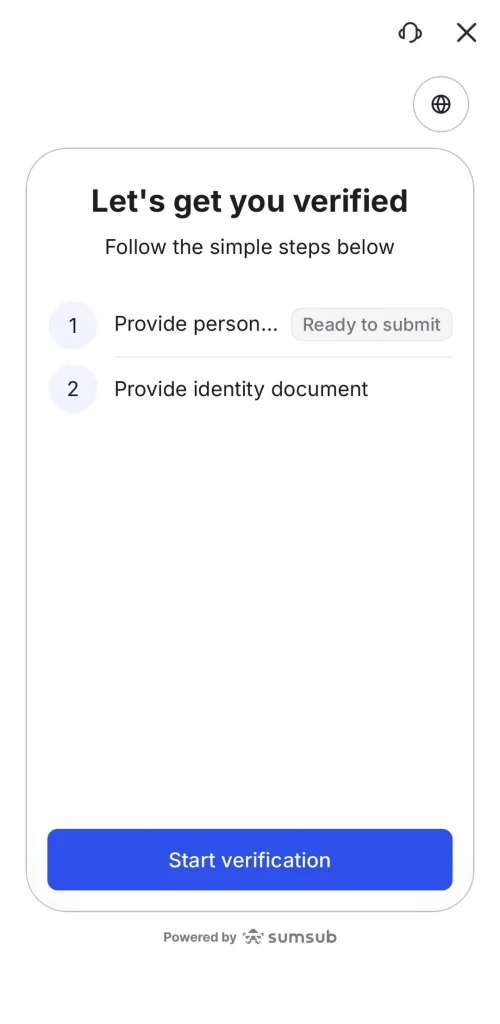 image 10 VT Markets Screen showing a verification flow steps to provide personal info and identity doc with a Start verification button at bottom and a Powered by sumsub footer