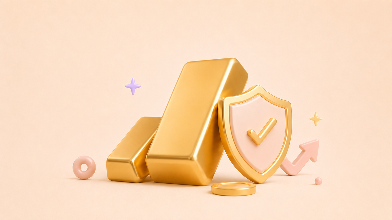 Gold bars beside a shield with a checkmark, representing asset protection and security.