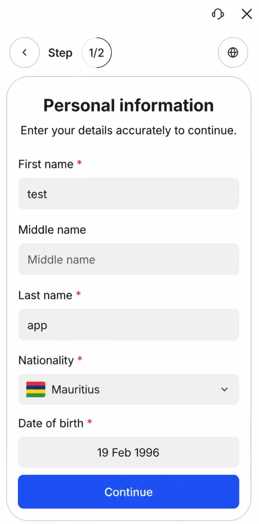 image 11 VT Markets Step 12 personal information form with fields for first name test middle name last name app nationality Mauritius with flag birth date 19 Feb 1996 and a blue Continue button