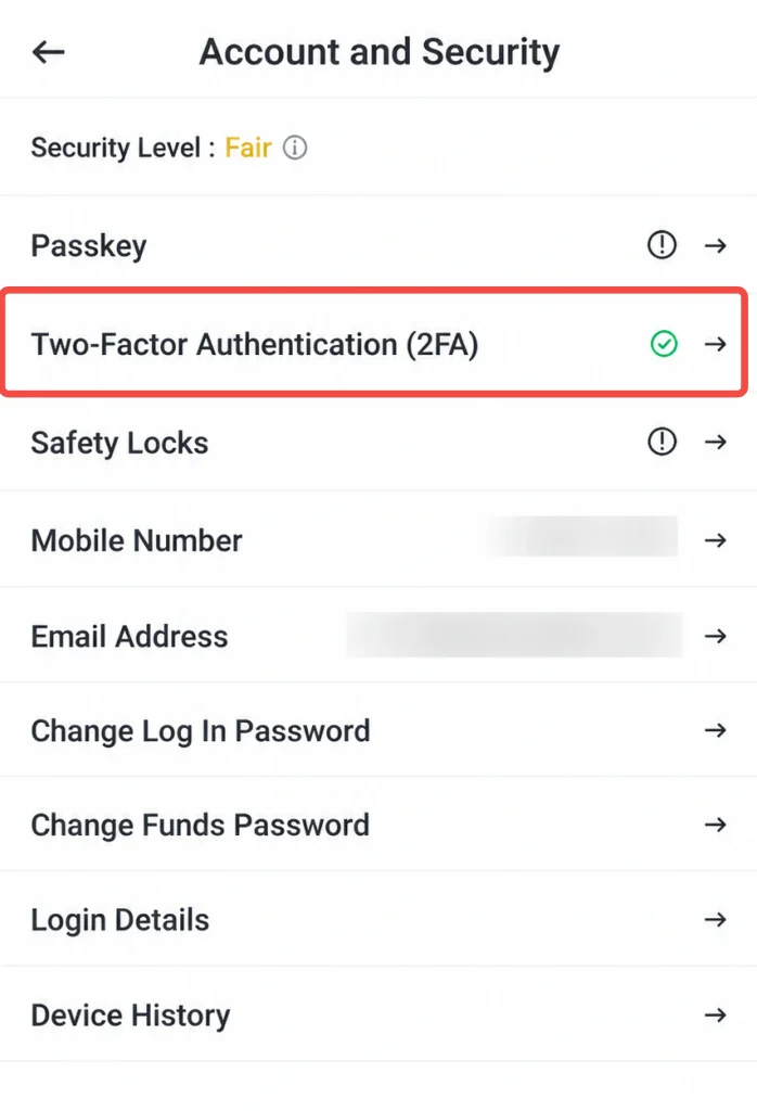 image 11 VT Markets Account and Security screen showing 2FA enabled green check in a list including Passkey Safety Locks Mobile Number and Email Address