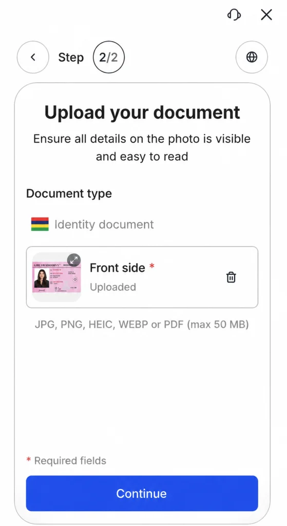 image 13 VT Markets Step 22 Upload your documentfront side of identity document uploaded delete icon beside image continues with following file type guidance JPG PNG HEIC WEBP or PDF max 50 MB