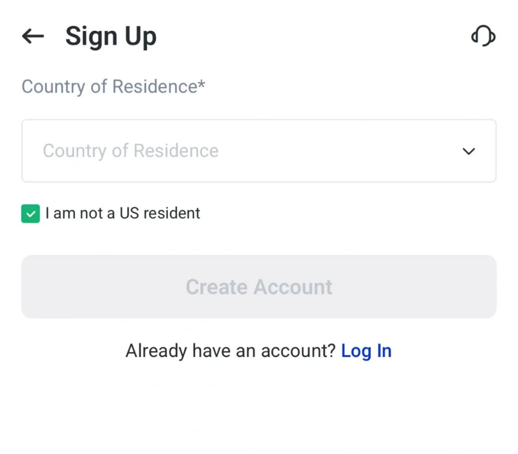 image VT Markets Sign Up screen with a Country of Residence dropdown and a checked I am not a US resident option Create Account button visible below