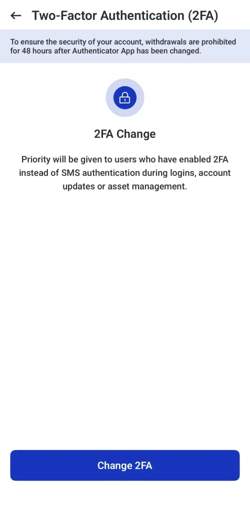 image 13 VT Markets Info screen for changing 2FA lock icon headline 2FA Change note about prioritizing users with 2FA blue Change 2FA button at bottom