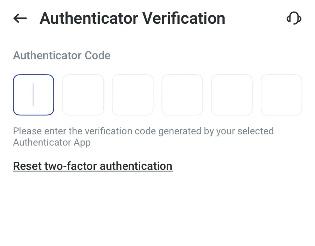 image 14 VT Markets Authenticator Verification screen with six code boxes for a 2FA code first box selected rest empty plus a Reset two factor authentication link below
