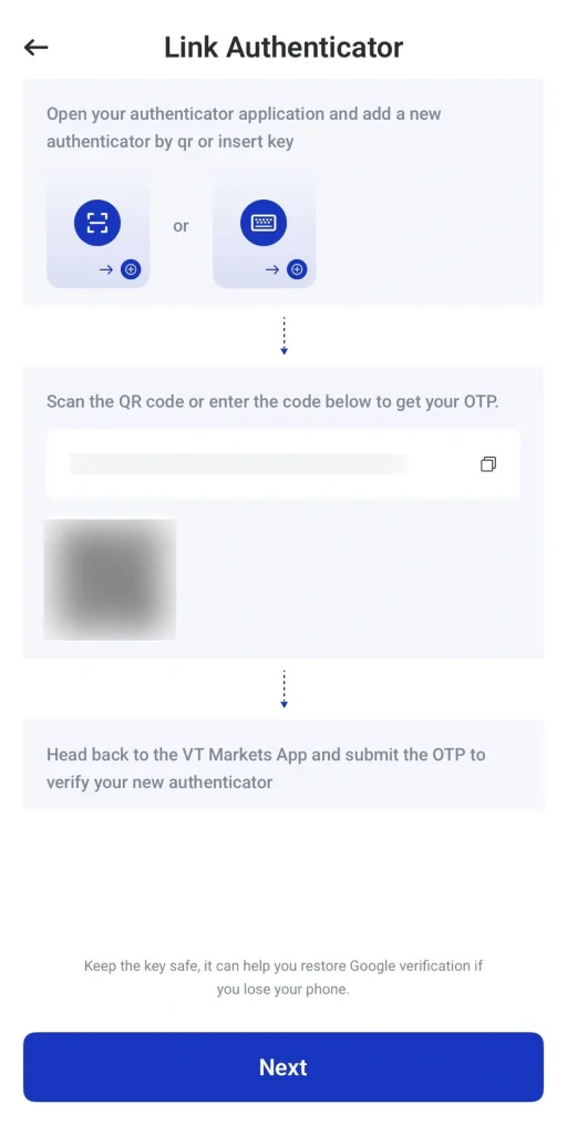 image 15 VT Markets Onboarding screen titled Link Authenticator showing how to add an authenticator via QR code or key with a Next button at the bottom