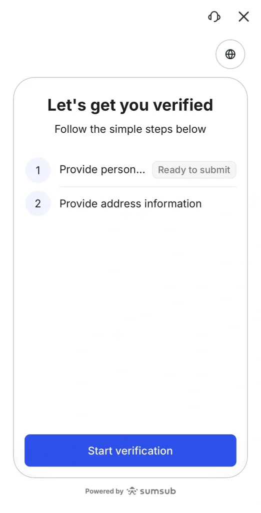 image 18 VT Markets Screen shows a verification flow Step 1 Provide personal information Ready to submit Step 2 Provide address information large blue Start verification button at the bottom