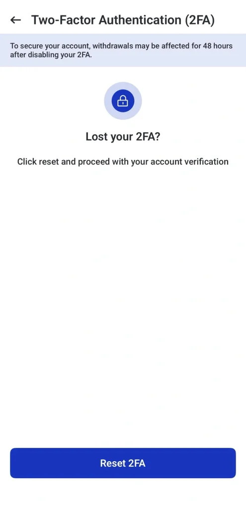 image 19 VT Markets Screen showing 2FA help title Two Factor Authentication 2FA message about resetting 2FA with account verification and a blue Reset 2FA button at bottom