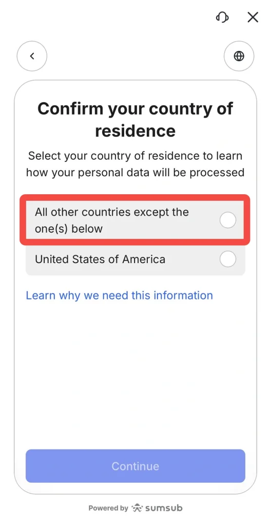 image 19 VT Markets Modal asks to confirm country of residence with two options All other countries except the ones below and United States of America and a Continue button