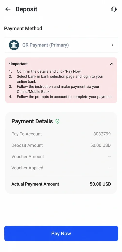 image 2 VT Markets Screen shows a Deposit page with QR Payment Primary option and an Important instructions box listing four steps followed by Payment Details including account deposit amount and actual payment amount and a large blue Pay Now button at the bottom