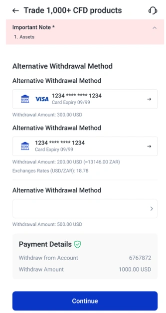 image 2 VT Markets Withdrawal methods screen showing Visa card options with masked numbers and three withdrawal amount choices a Payment Details panel and a blue Continue button