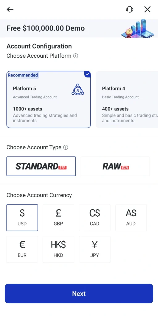 image 2 VT Markets Demo setup screen with two account cards Platform 5 and Platform 4 then select account type STANDARD or RAW and USD currency followed by Next button