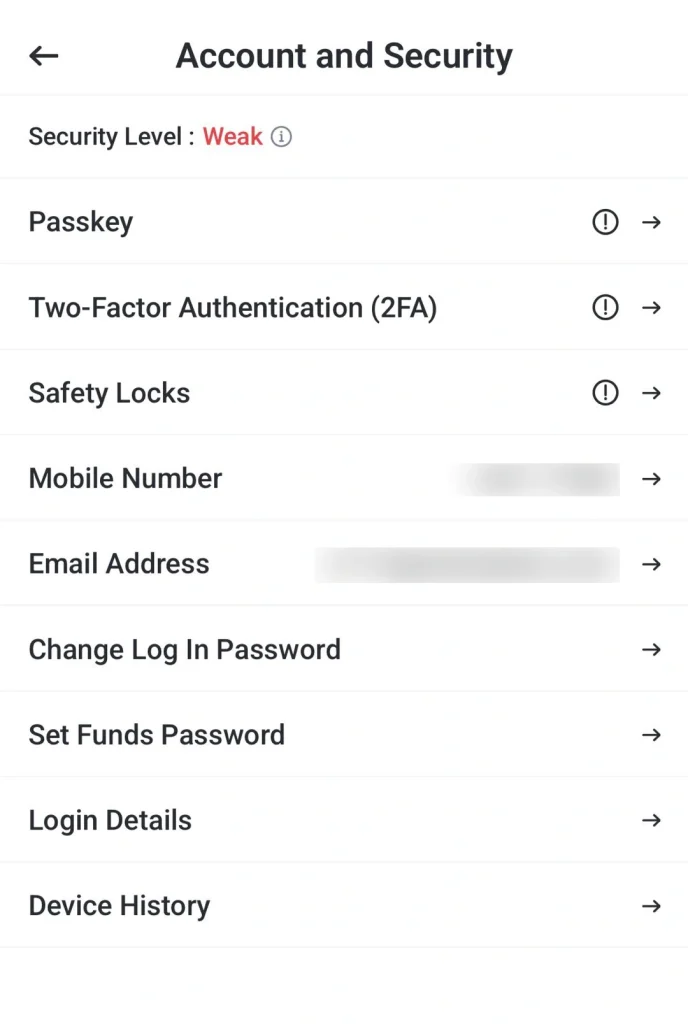 image 2 VT Markets Account and Security settings Security Level Weak with options for Passkey 2FA Safety Locks Mobile Number Email Change Password Set Funds Password Login Details Device History