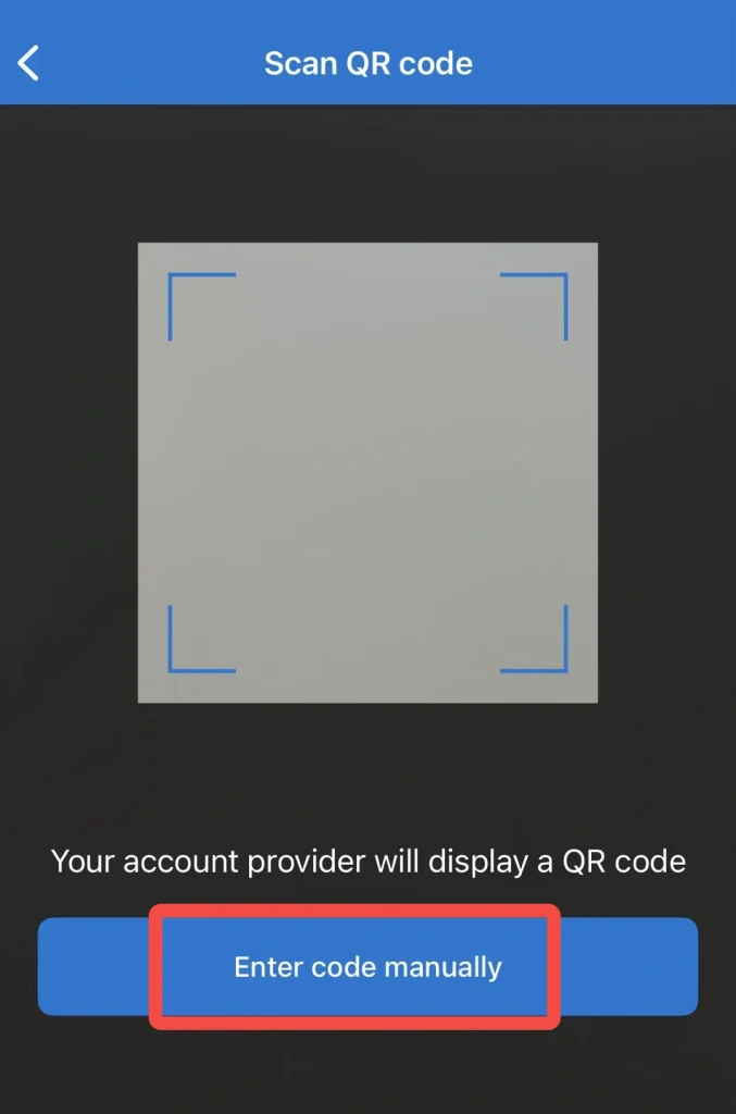 image 2 VT Markets QR code scanner screen with a gray scanning box and blue corner guides bottom button says Enter code manually