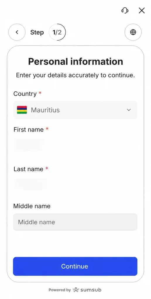 image 20 VT Markets Mobile form titled Personal information with Step 12 country Mauritius selected and fields for first name middle name last name Continue button at bottom