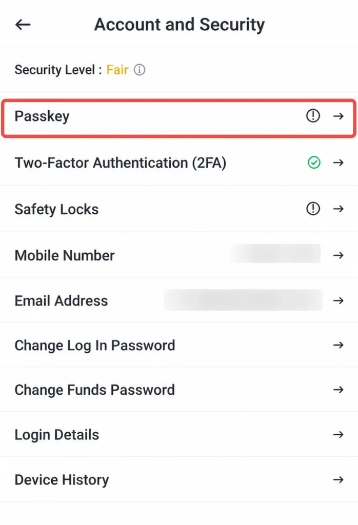 image 21 VT Markets Settings screen titled Account and Security Passkey row highlighted with an exclamation icon and arrow nearby