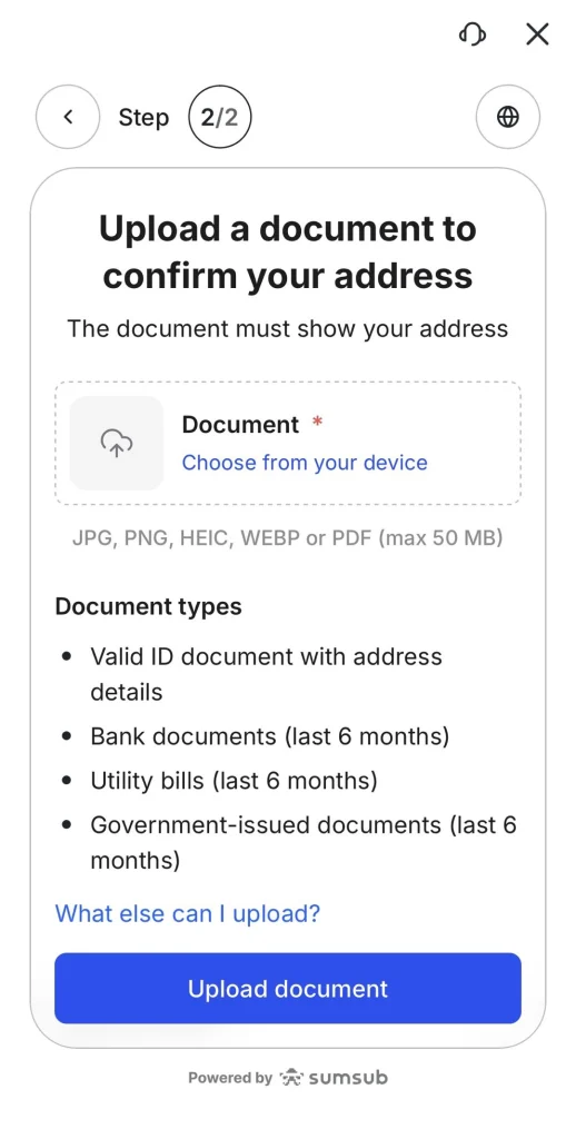 image 21 VT Markets Step 2 of 2 Upload a document to confirm your address choose from your device and submit a valid ID bank statement or utility bill